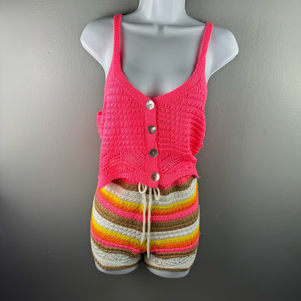 Knitted Crochet Pink White Brown Yellow Oversized Top Vacation 2pc Short Set - M